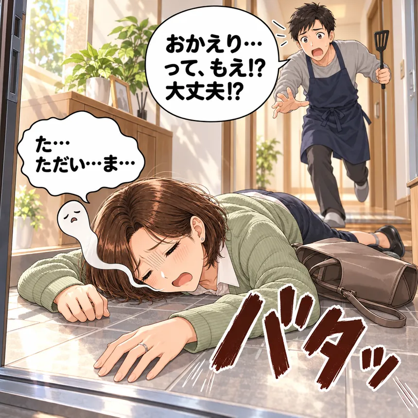 夜勤明けに玄関で倒れ込むもえと驚く夫
