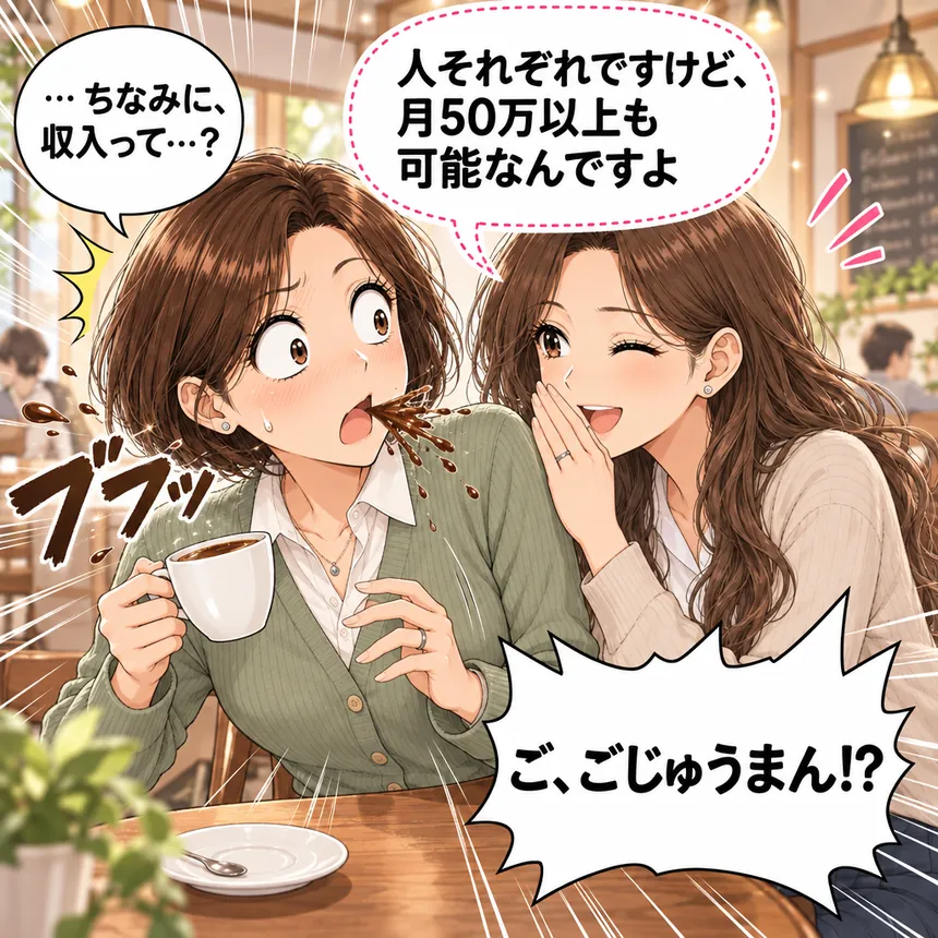 収入の話にコーヒーを吹き出すもえ