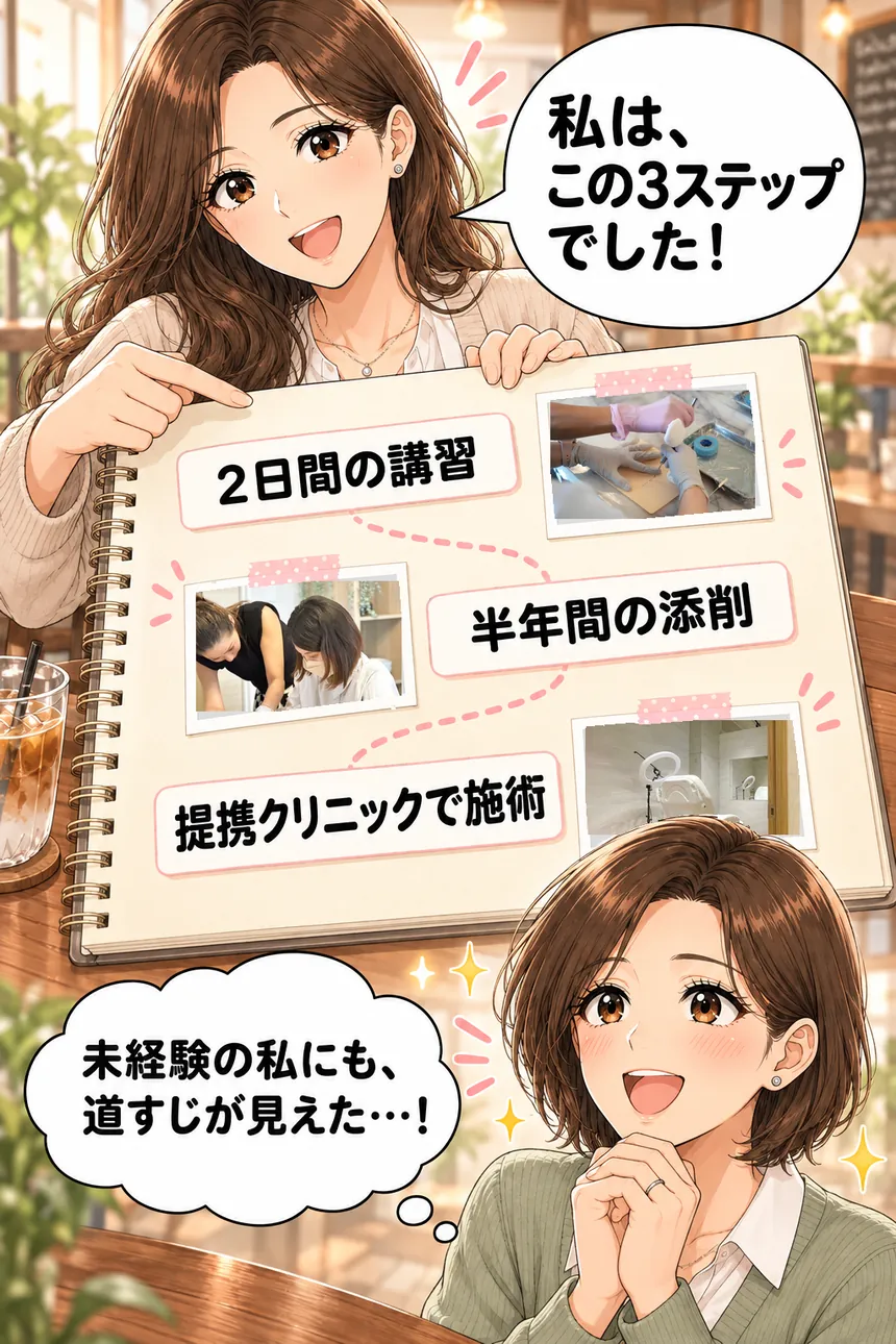 2日間の講習、半年間の添削、提携クリニックで施術の3ステップと実際のスクールとクリニックの写真