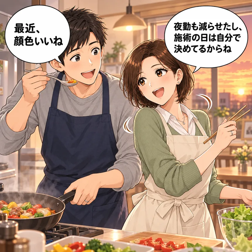 夫と台所に立つ元気なもえ